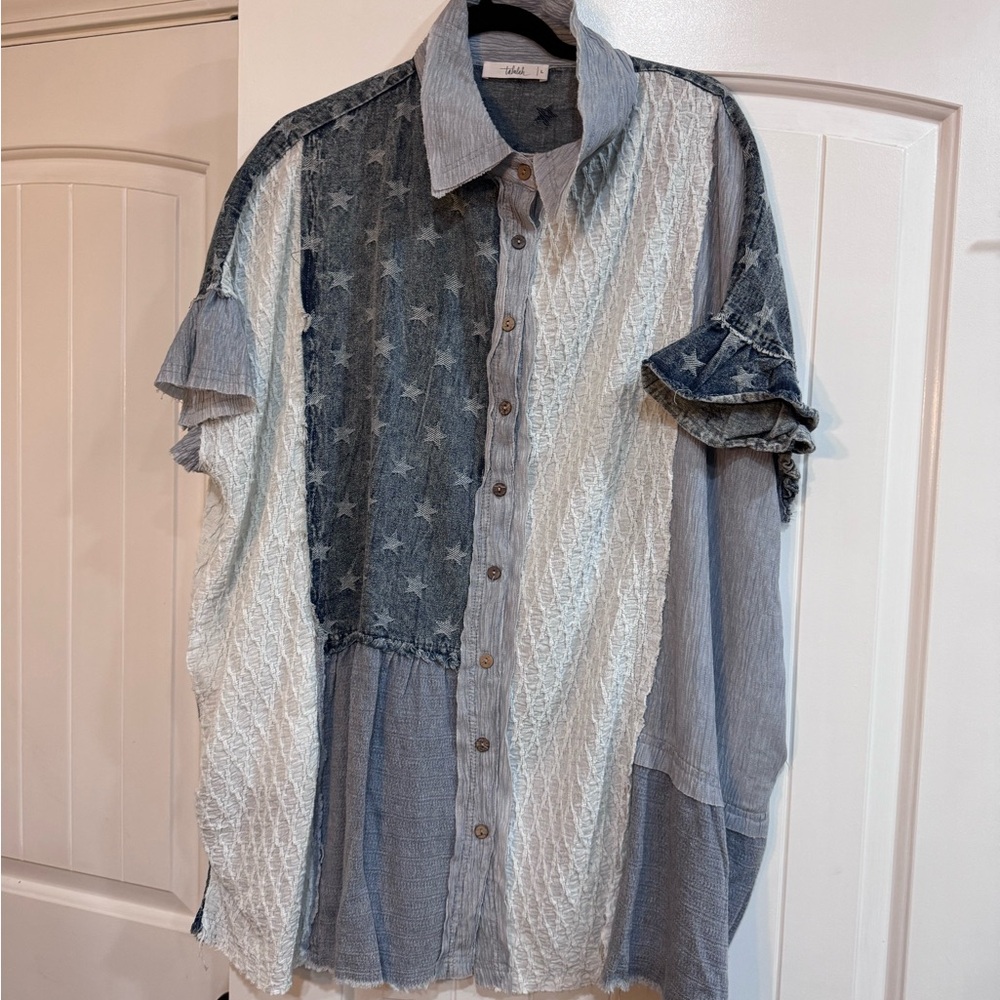 TALULAH Blue and White Patchwork Star Button-Up Dress
